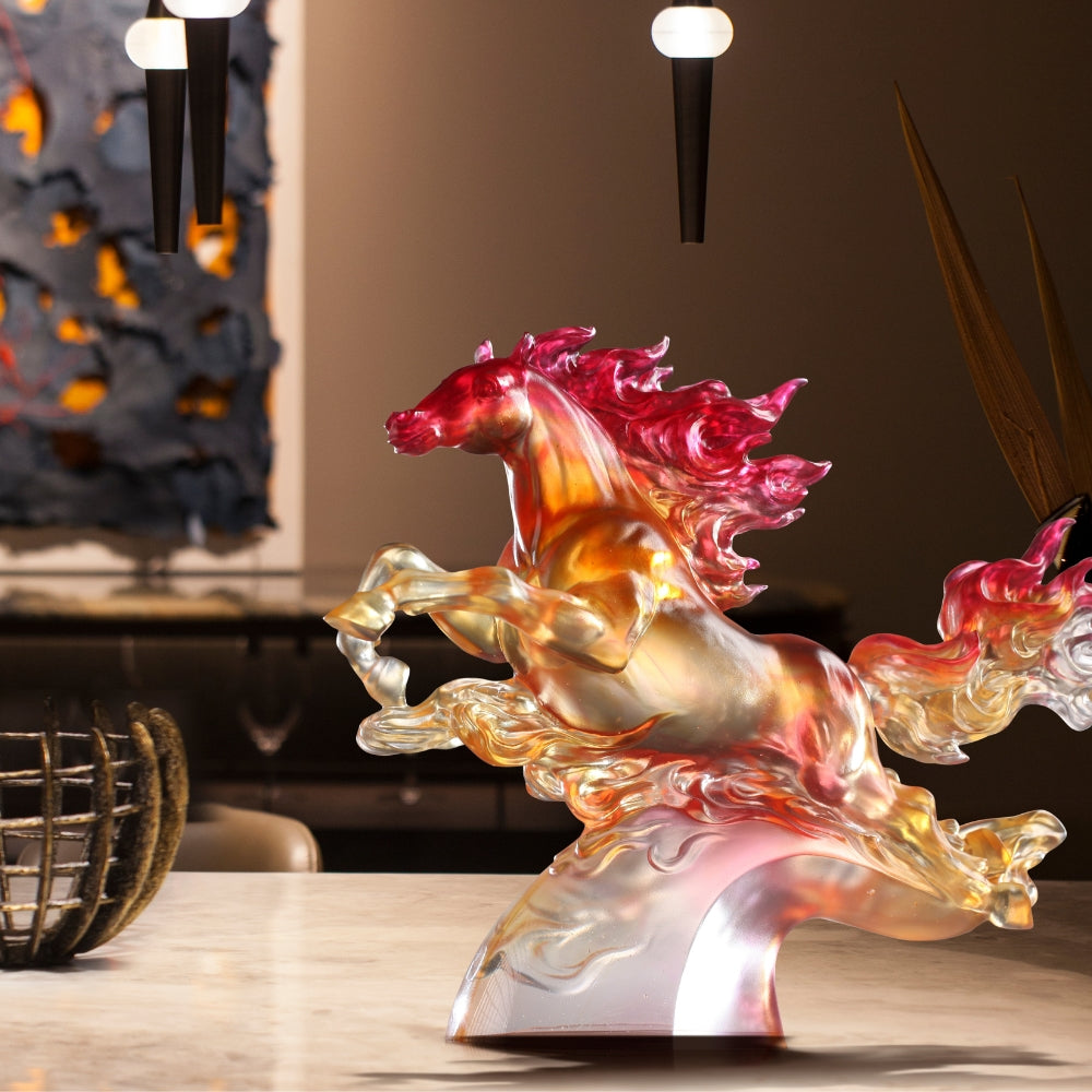 LIULI Crystal Art Horse Sculpture, Fireball, charging to triumph