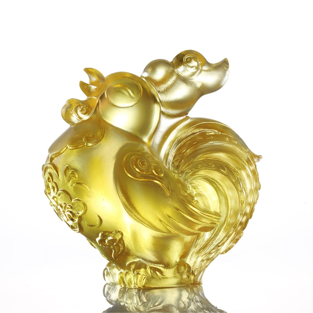 LIULI Crystal Art, Zodiac Figurine, Rooster, Ruyi’s Twelve Blessings-First Light Champion