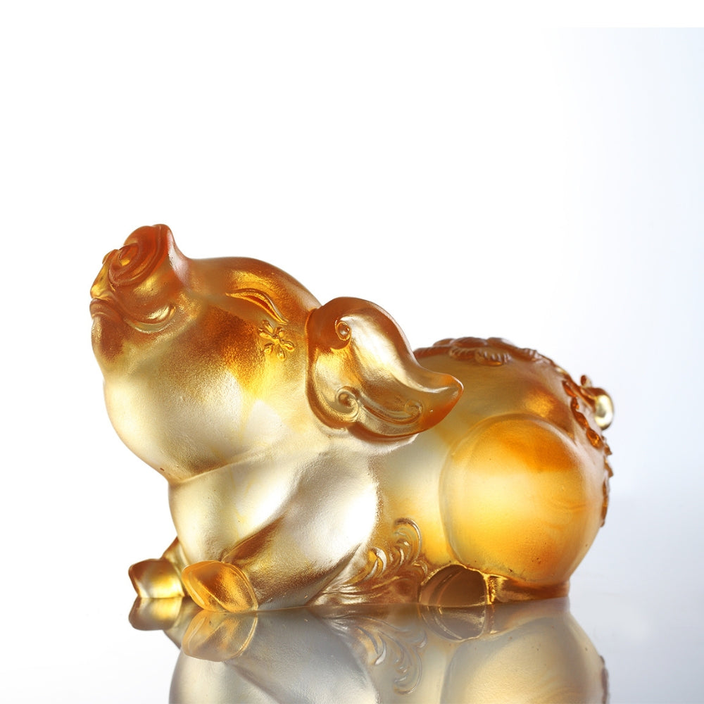 LIULI Crystal Art, Zodiac Figurine, Pig, Ruyi’s Twelve Blessings-The Little Piglet Attracts Wealth