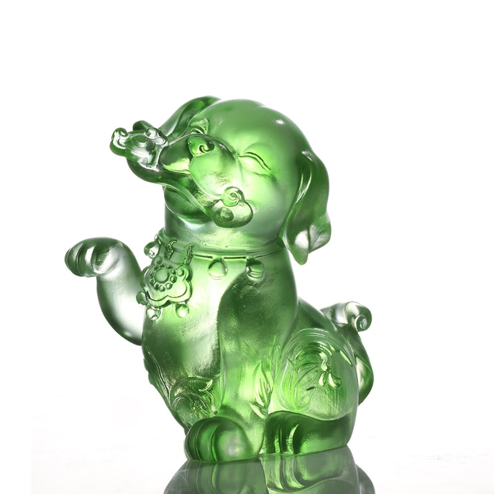 LIULI Crystal Art, Zodiac Figurine, Dog, Ruyi’s Twelve Blessings-Prosperity Follows Woof Woof