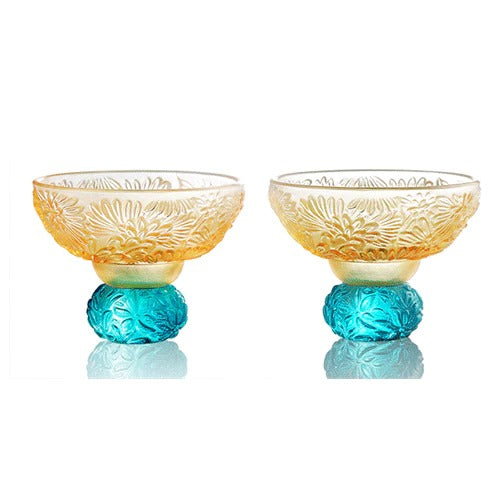 LIULI, Crystal Sake Glass, Shot Glass (Set of 2), A Drink to Virtue, Virtuous Chrysanthemum