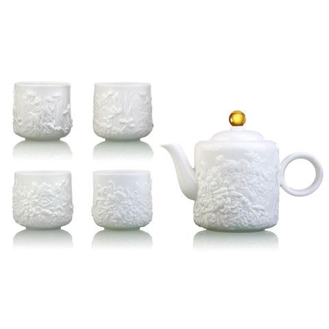 Bone China Coffee and Tea Set (1 Teapot, 4 Teacups), Four Seasons of Leisure (Set of 5)