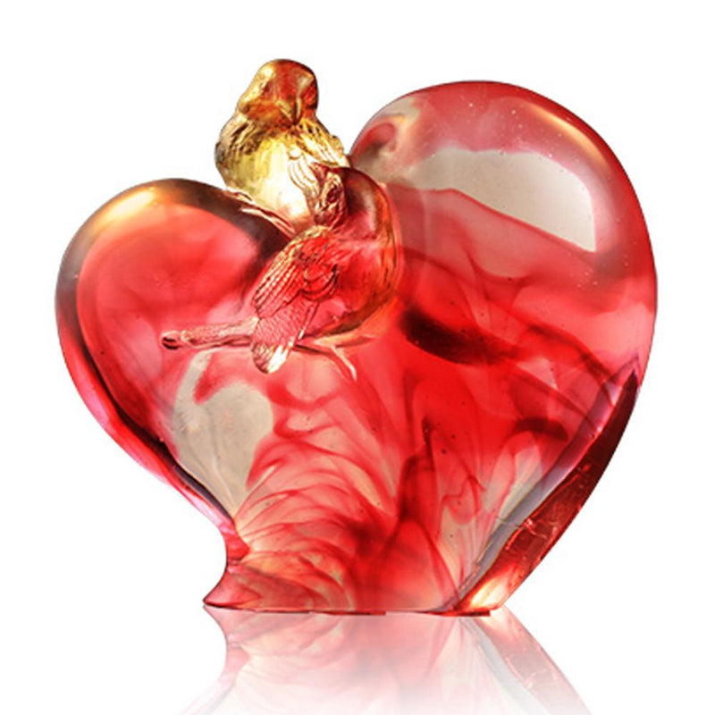 Bird on Heart Shape Figurine (Romance and Love) - Amorous Words - LIULI Crystal Art