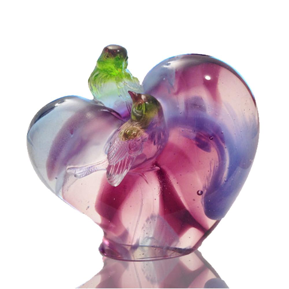 Bird on Heart Shape Figurine (Romance and Love) - Amorous Words - LIULI Crystal Art