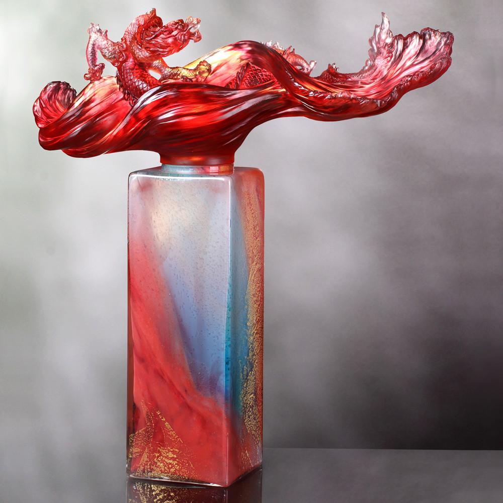 Crystal Treasure Vase, Feng Shui, Dragon of Water Element, Dragon Rising Baoping - LIULI Crystal Art