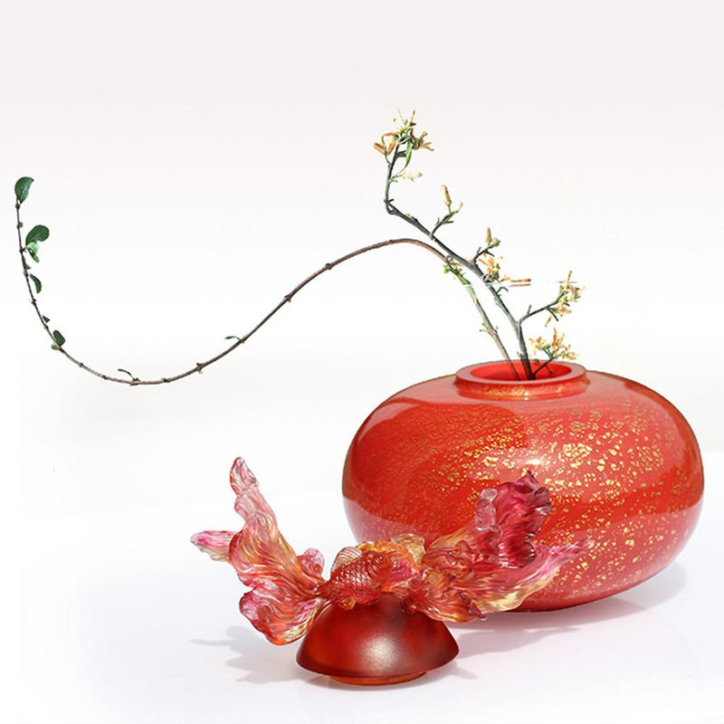 Crystal Treasure Vase, Goldfish, A Vase of Riches-Golden Jade Joy - LIULI Crystal Art