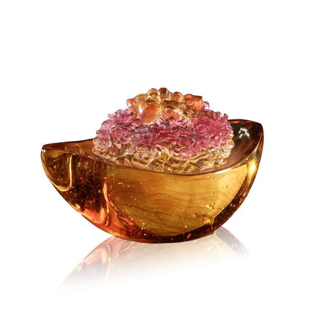 Crystal Paperweight, Chinese Ingot, Peony Flowers, Prosperity in Fives