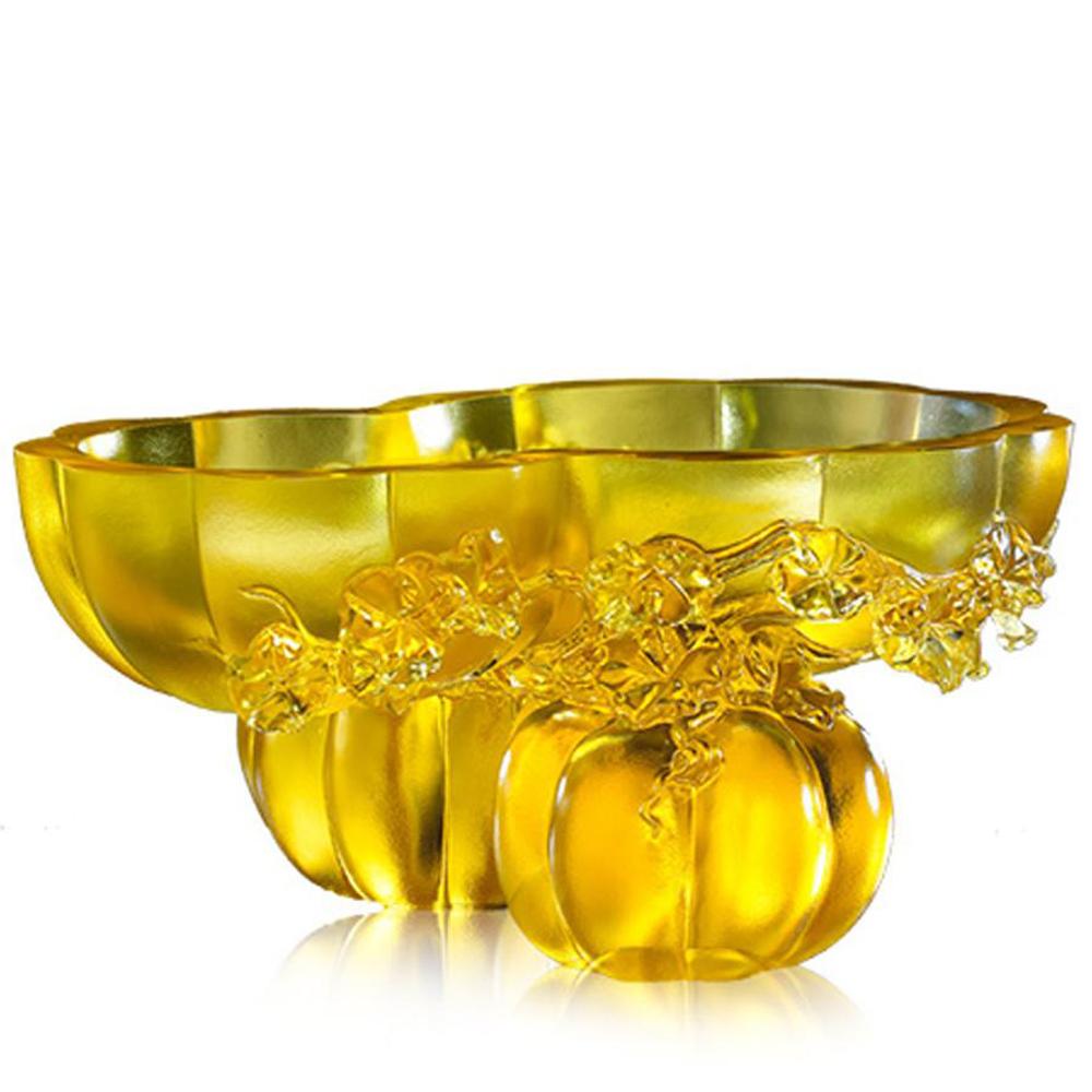 Crystal Bowl With Squash Shape, Golden Gourds of Fortune - LIULI Crystal Art