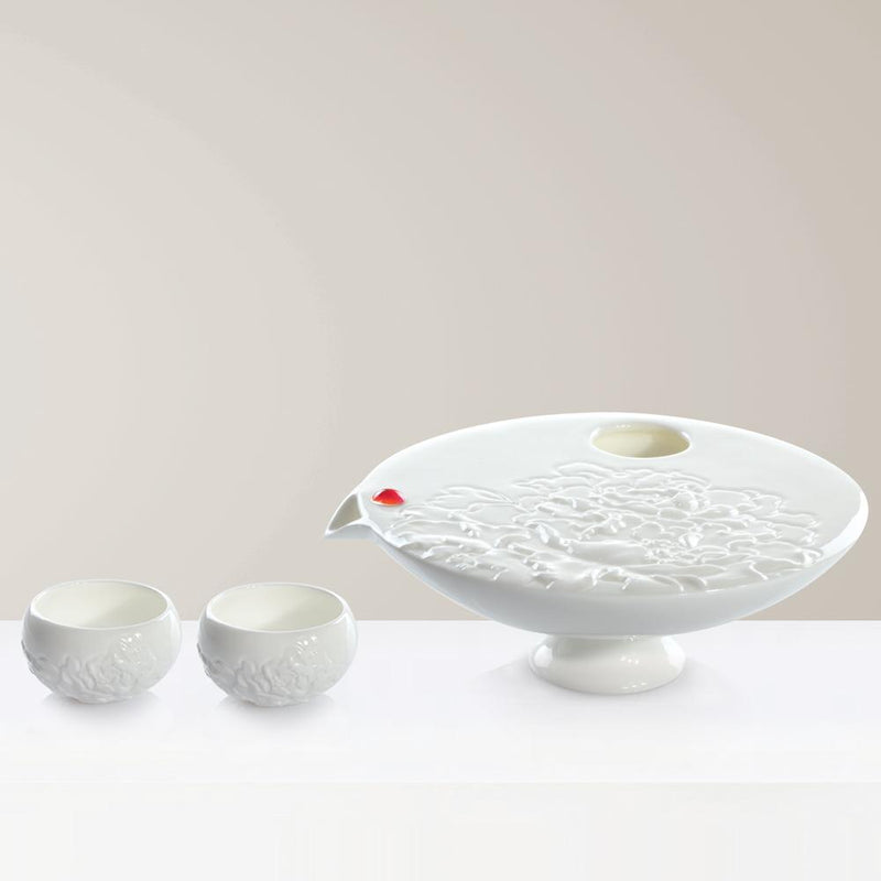 '-- DELETE -- Bone China Sake Set (1 Tea Pot & 2 Cups) - Moon Lake Peony (Set of 3) - LIULI Crystal Art