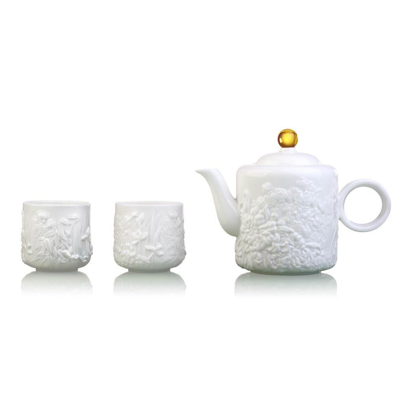 '- Bone China Coffee and Tea Set (1 Teapot, 2 Teacups) - "Four Seasons of Leisure" (Set of 3) - LIULI Crystal Art